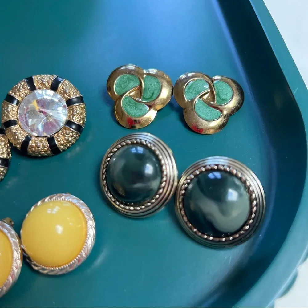 Four Pairs Vintage 1980s Large Maximalist Round Clip Statement Earrings Lot
